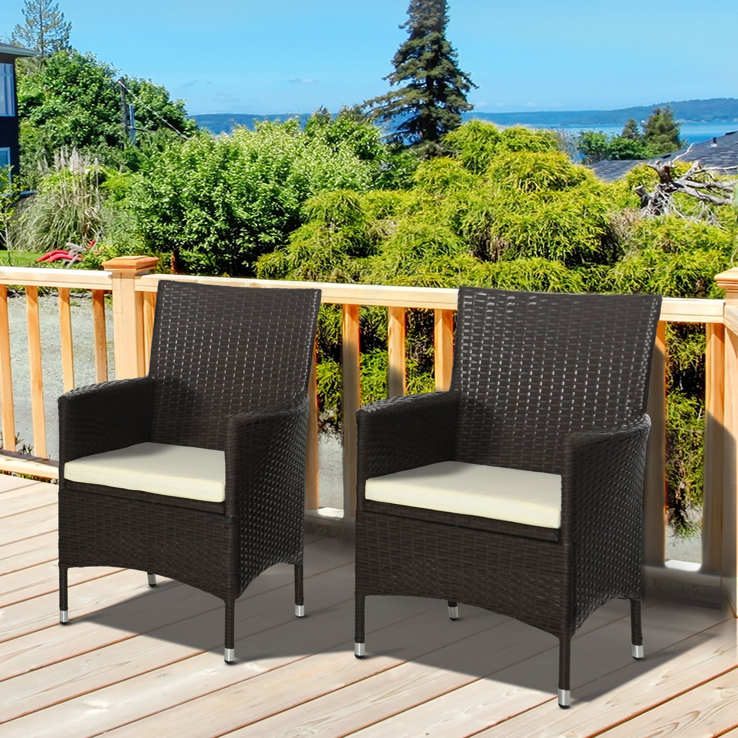2 Pieces Outdoor PE Rattan Dining Chairs Set with Cushion, Garden Armchair with Armrests, High Backrest