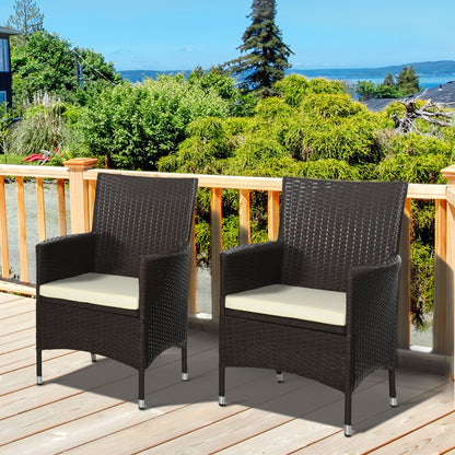 2 Pieces Outdoor PE Rattan Dining Chairs Set with Cushion, Garden Armchair with Armrests, High Backrest