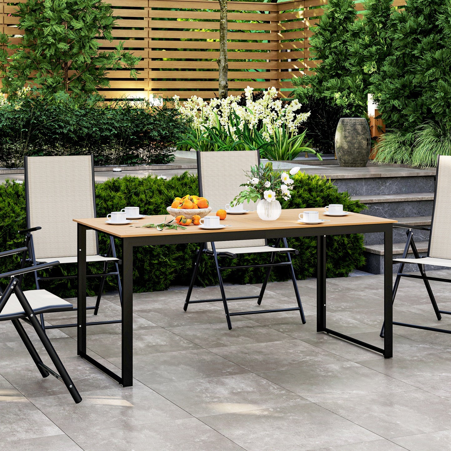 Garden Table for 6 People, 160 x 80 x 75 cm Rectangle Outdoor Dining Table with Slatted Top, Metal Frame, for Balcony, Deck