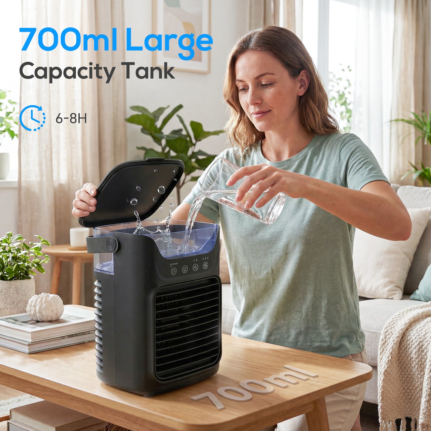 Air Cooler with Adjustable Head, Portable Air Conditioner with 3 Wind Speed, 2 Cool Mist, RGB Light, Black