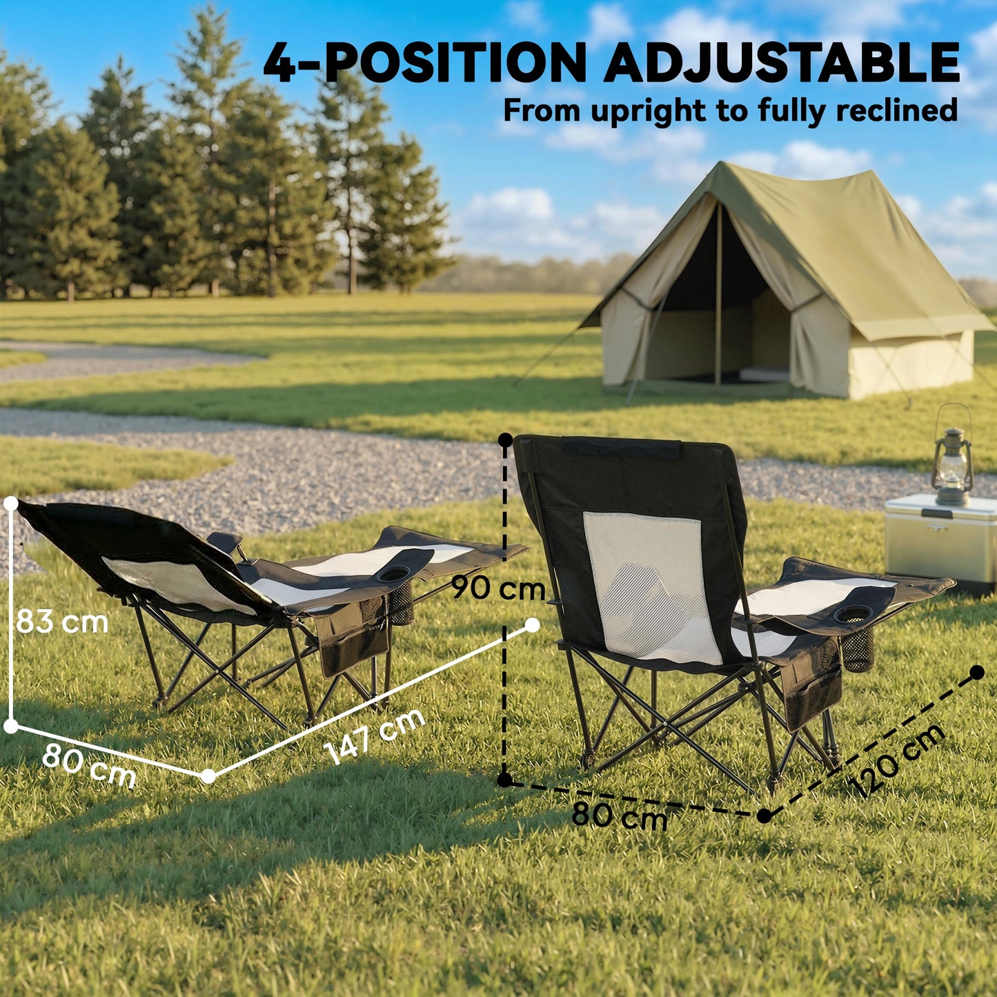 Camping Chair Reclining Portable Camp Chair with Detachable Footrest Cup Holder Black