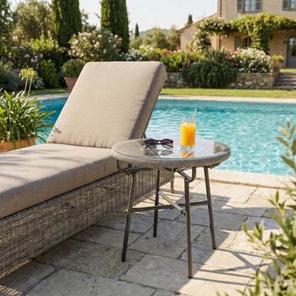 Rattan Side Table, Round Outdoor Coffee Table, with Round PE Rattan and Tempered Glass Tabletop, Light Grey