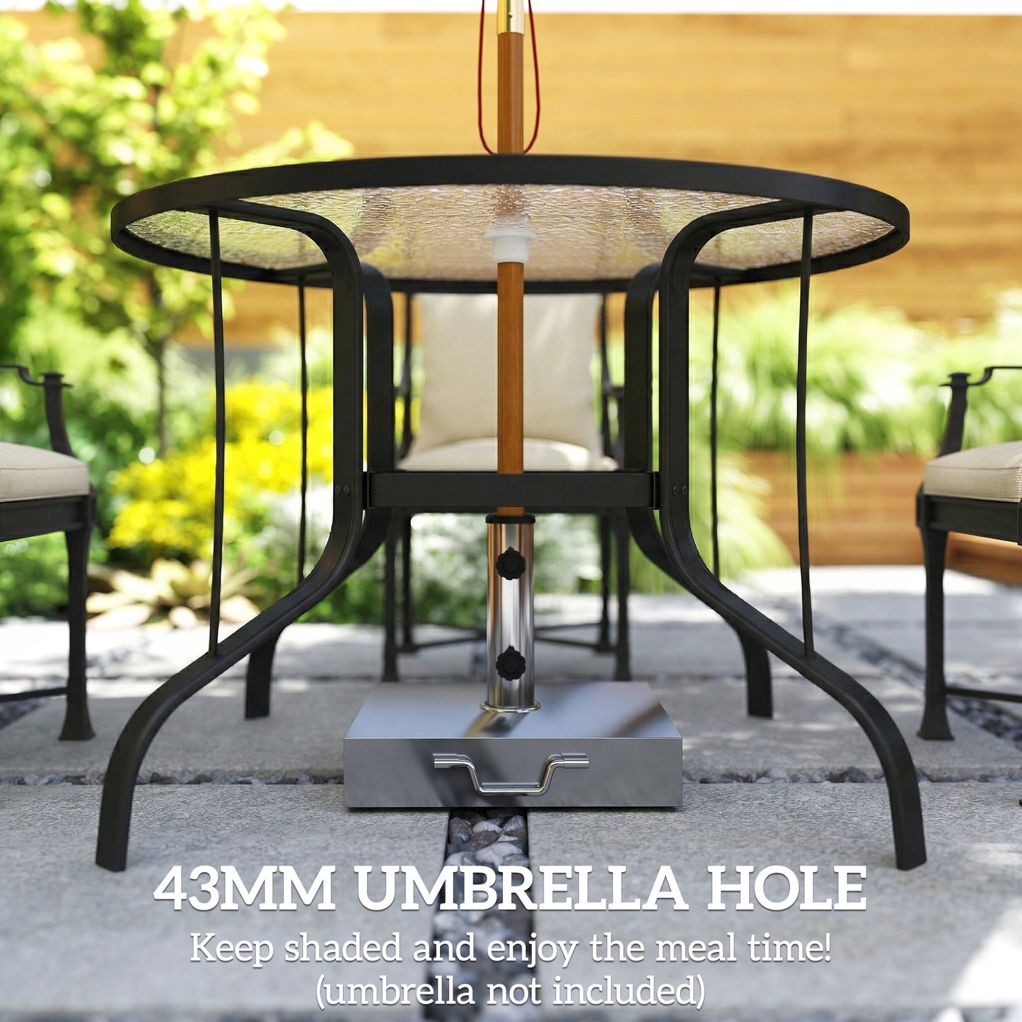 Tempered Glass Top Round Outdoor Dining Table with Parasol Hole, 96.5 x 96.5 x 71 cm