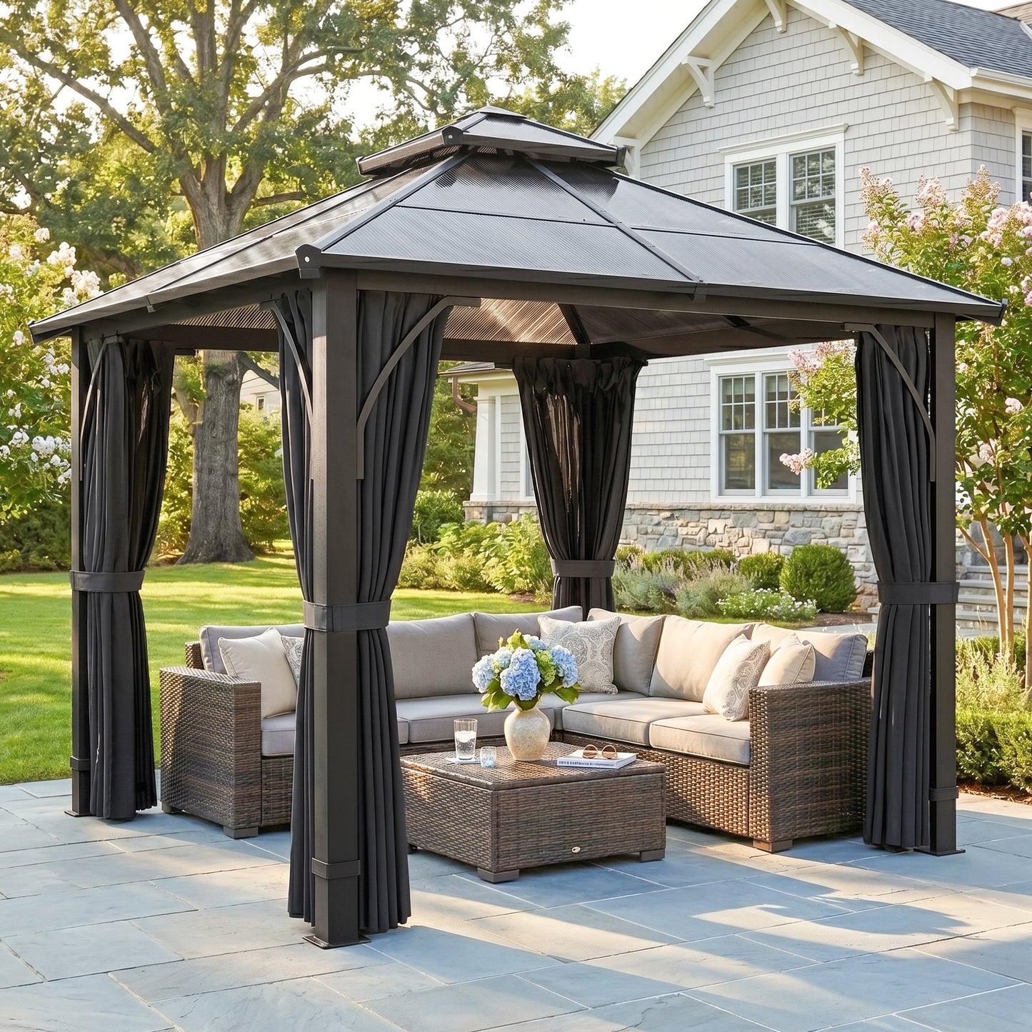 2.5 x 2.5 m Hardtop Gazebo Canopy with 7mm PC Roof, Garden Gazebo Permanent Pavilion with Netting, Curtains, Dark Grey