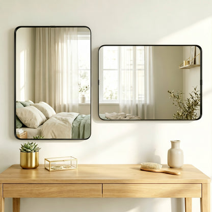 Rectangular Wall Mirror, 90 x 60 cm Wall Mounted Bathroom Mirror with Aluminium Alloy Frame and Tempered Glass, Black