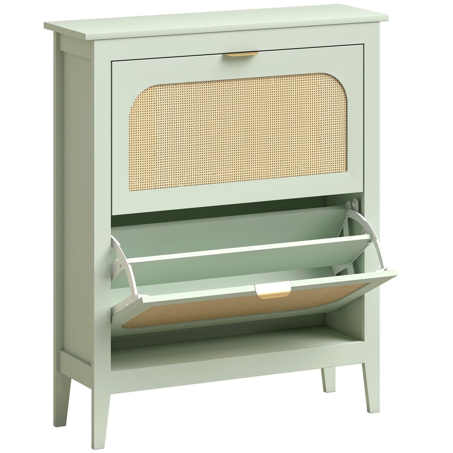 Narrow Shoe Cabinet, Boho Slim Shoe Storage Cabinet with 2 Flip Drawers, Holds 14 Pairs, Light Green