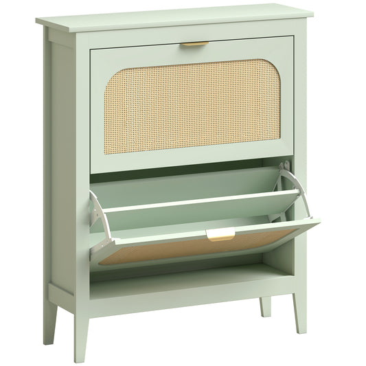Narrow Shoe Cabinet, Boho Slim Shoe Storage Cabinet with 2 Flip Drawers, Holds 14 Pairs, Light Green