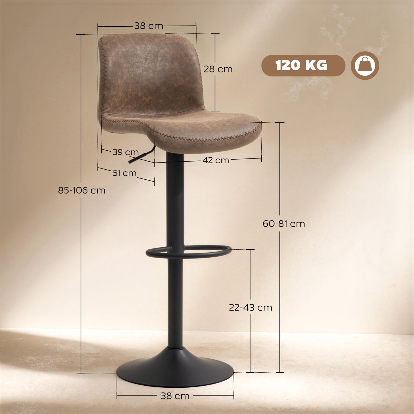 Bar Stools Set of 2, PU Leather Barstools with Backrest and Footrest for Kitchen, Counter, Breakfast Bar, Brown