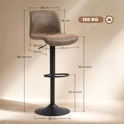 Bar Stools Set of 2, PU Leather Barstools with Backrest and Footrest for Kitchen, Counter, Breakfast Bar, Brown