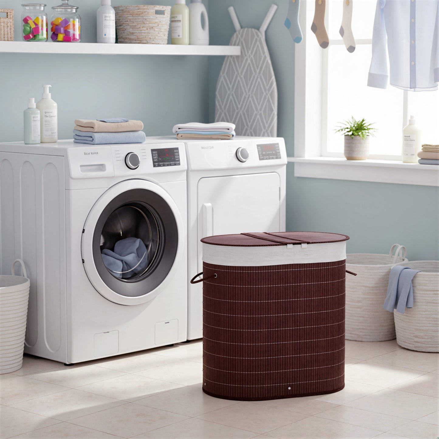100L Bamboo Laundry Basket with Lid, Washing Basket with 2 Compartments, Handles, Removable Liner, Brown