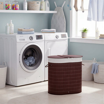 100L Bamboo Laundry Basket with Lid, Washing Basket with 2 Compartments, Handles, Removable Liner, Brown