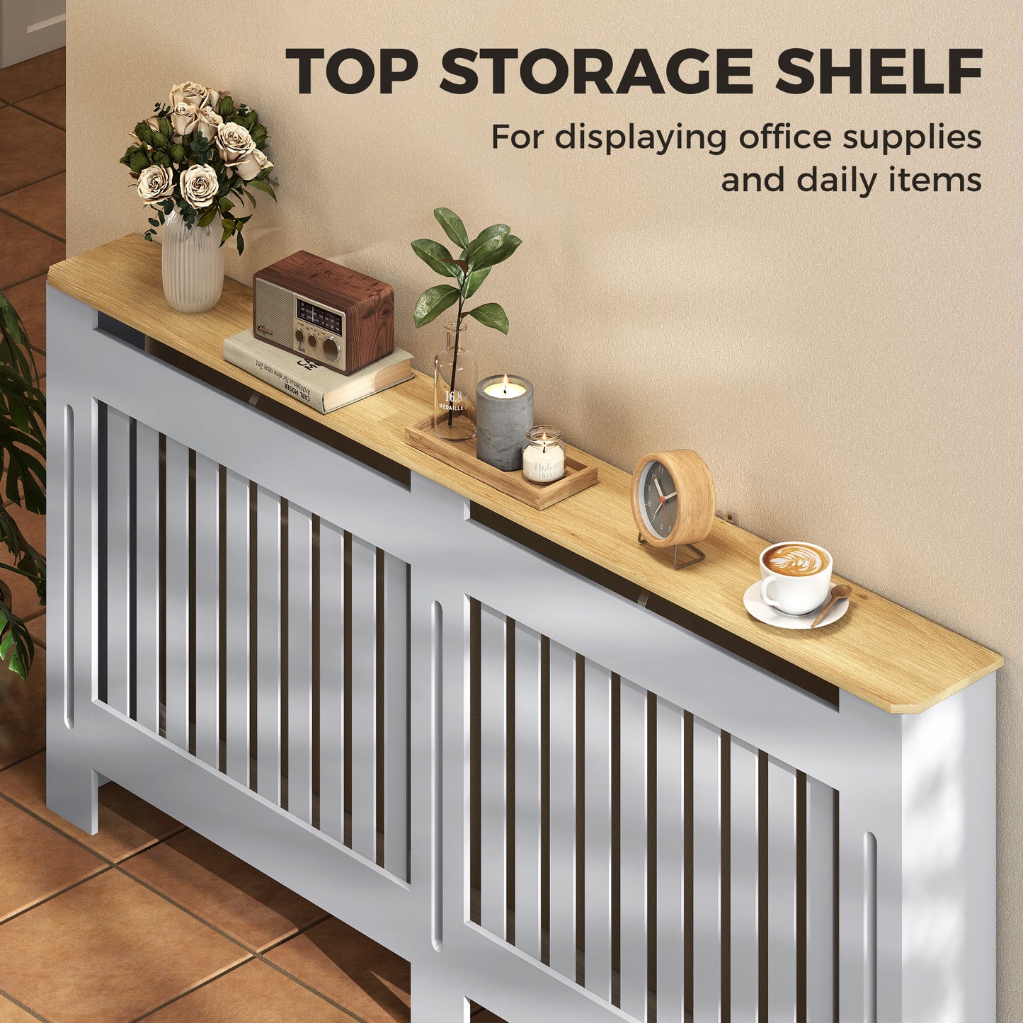 Slatted Radiator Cover, Painted Cabinet with Line Grill Design, 172L × 19W × 81H cm, Grey