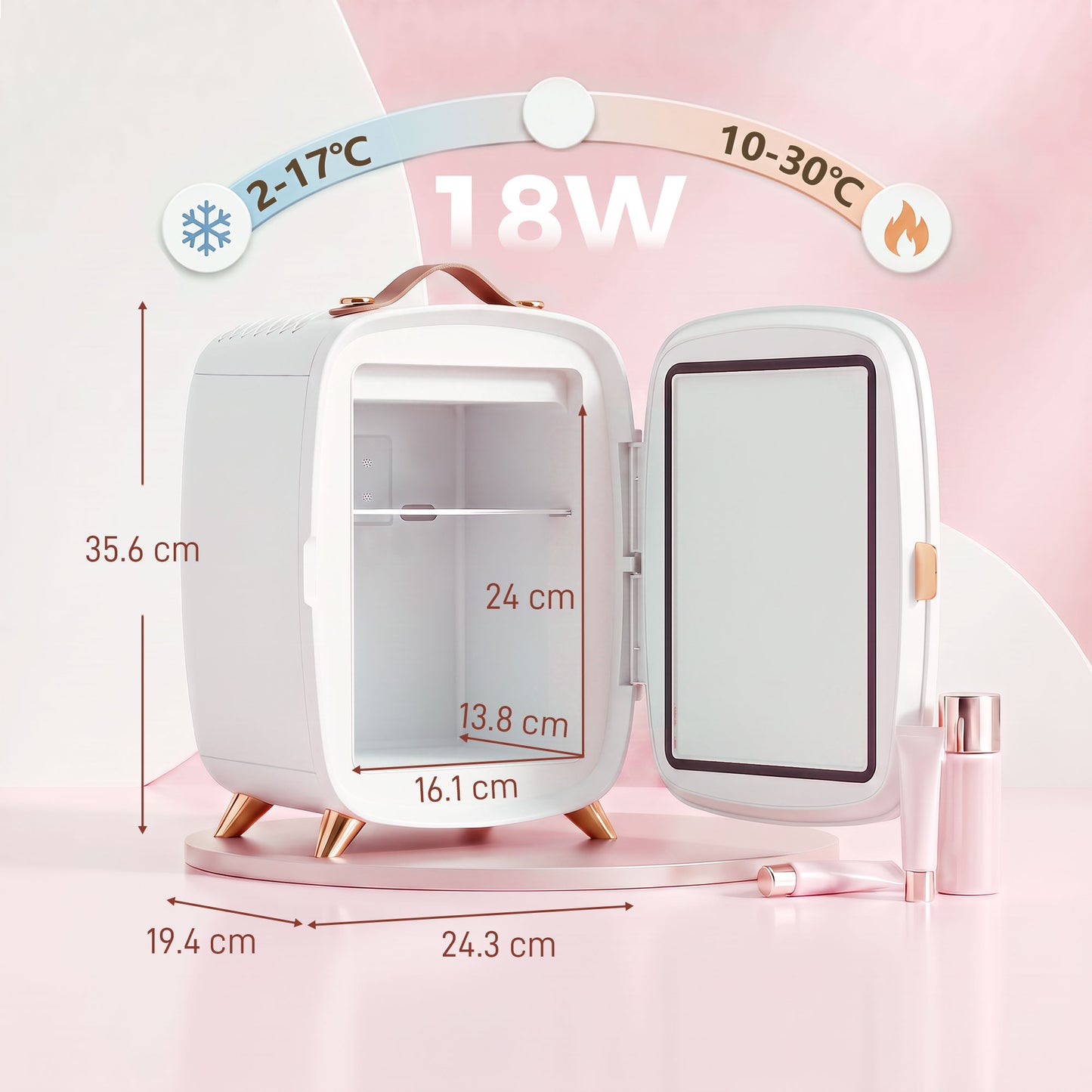 Skincare Refrigerator, 6L Mini Cosmetic Fridge with LED Mirror, Cooling Function for Bedroom, Skincare, Office, White