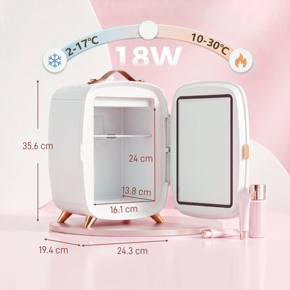 Skincare Refrigerator, 6L Mini Cosmetic Fridge with LED Mirror, Cooling Function for Bedroom, Skincare, Office, White