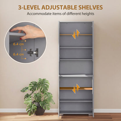 180 cm Tall Kitchen Cupboard, Pantry Storage Cabinet with Soft Close Doors and Adjustable Shelves, High Gloss Grey
