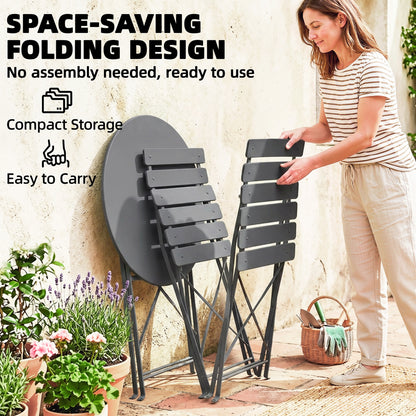 Folding Garden Bistro Set, Outdoor Round Bistro Table and Chairs Set 2 with Electrophoresis Metal Frame, Grey