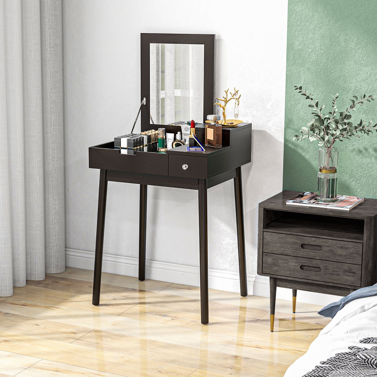 Dressing Table with Flip-up Mirror, Makeup Desk with 2 Drawers and Pine Wood Legs