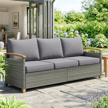 3 Seater Rattan Garden Sofa, PE Wicker Outdoor Sofa Wide Deep Seat, 4" Cushions, Wood-Effect Armrests Legs, Dark Grey