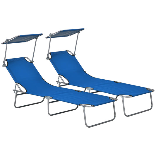 Folding Sun Lounger Set of 2 with Canopy, Reclining Sunbed with 4-Position Adjustable Backrest, 600D Oxford Cloth