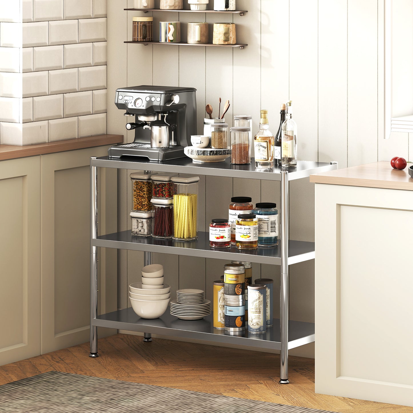 3-Tier Bakers Rack with Storage, Stainless Steel Microwave Stand with Adjustable Shelves for Small Spaces