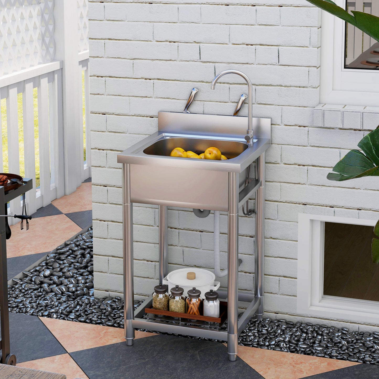 Outdoor Utility Sink, Stainless Steel Free Standing Single Bowl Kitchen Sink with Cold and Hot Water Pipe and Storage Shelf f