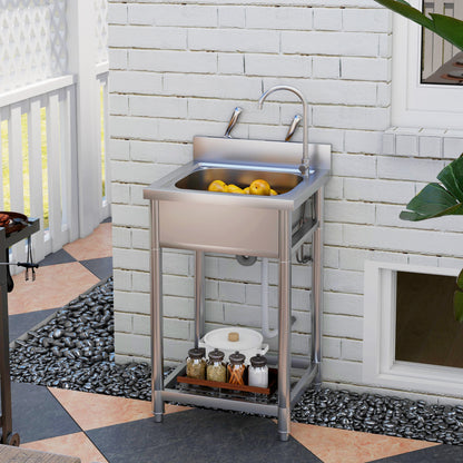 Outdoor Utility Sink, Stainless Steel Free Standing Single Bowl Kitchen Sink with Cold and Hot Water Pipe and Storage Shelf f