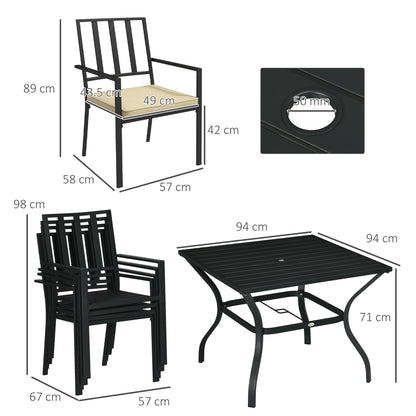 5 Pieces Garden Dining Set with Cushions, Outdoor Patio Table and 4 Stackable Chairs, Metal Top Table with Umbrella Hole