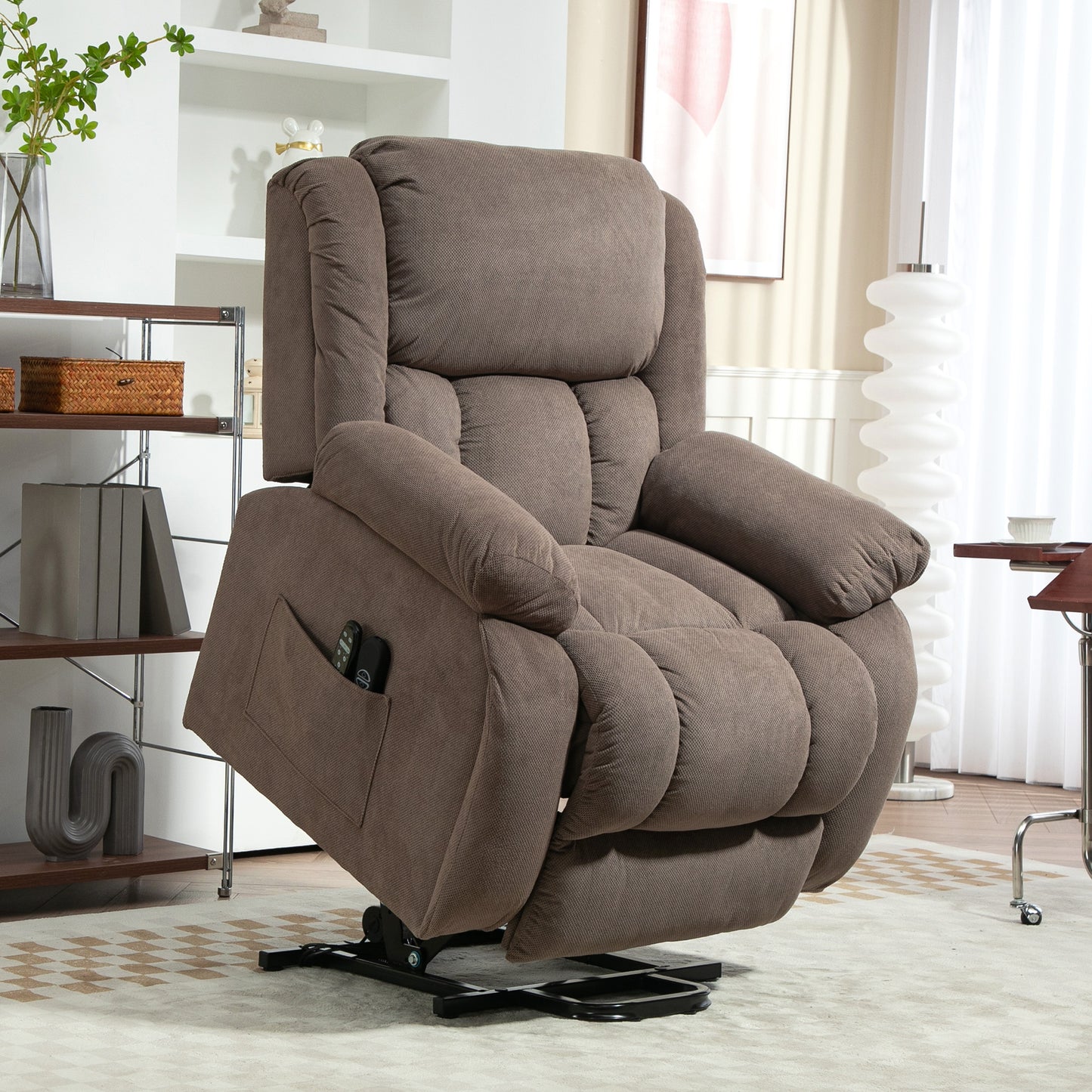 Recliner Armchair Lift Chair, Electric Recliner Chair with Vibration Massage and Heat, Wide Seat, USB Port, Light Brown