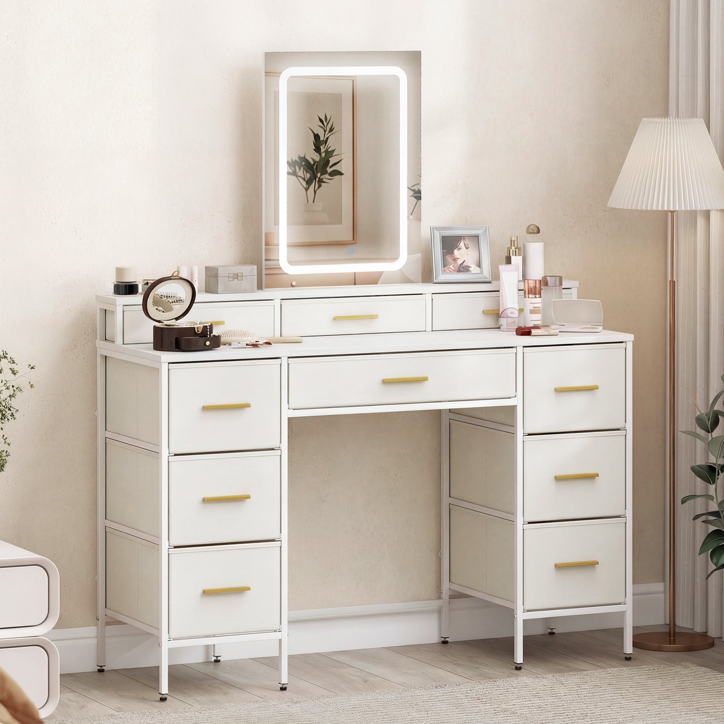 Multi-Storage Elegant Dressing Table, with LED Mirror - White
