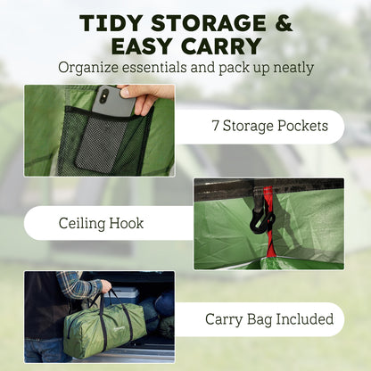 4 Person Easy Setup Family Camping Tent with 2 Rooms, Waterproof Tunnel Tent w/ Sewn In Groundsheet, Green & Grey