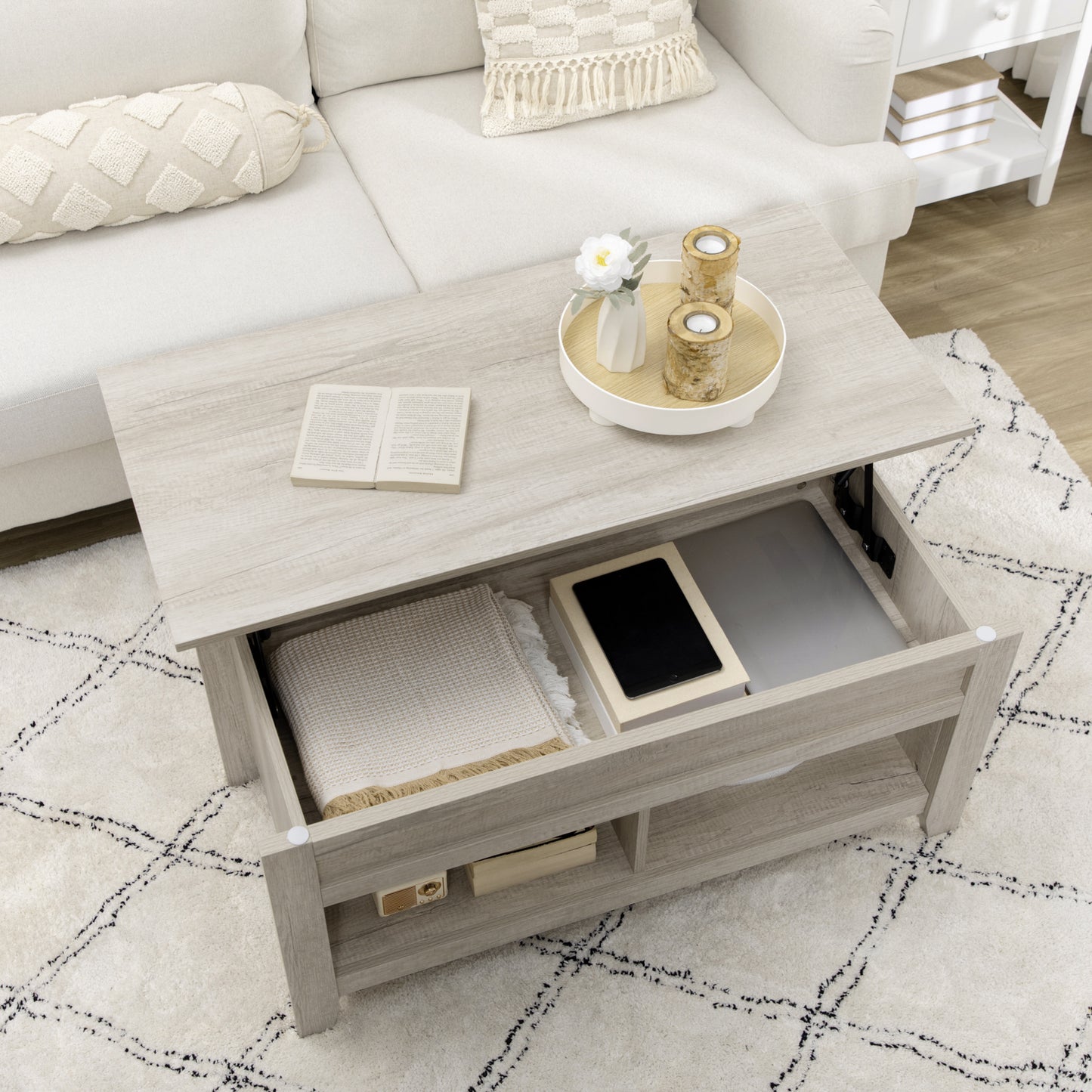 Lift Top Coffee Table w/ Hidden Storage Compartment Open Shelves Lift Tabletop Pop Up Centre Table for Living Room Oak Effect