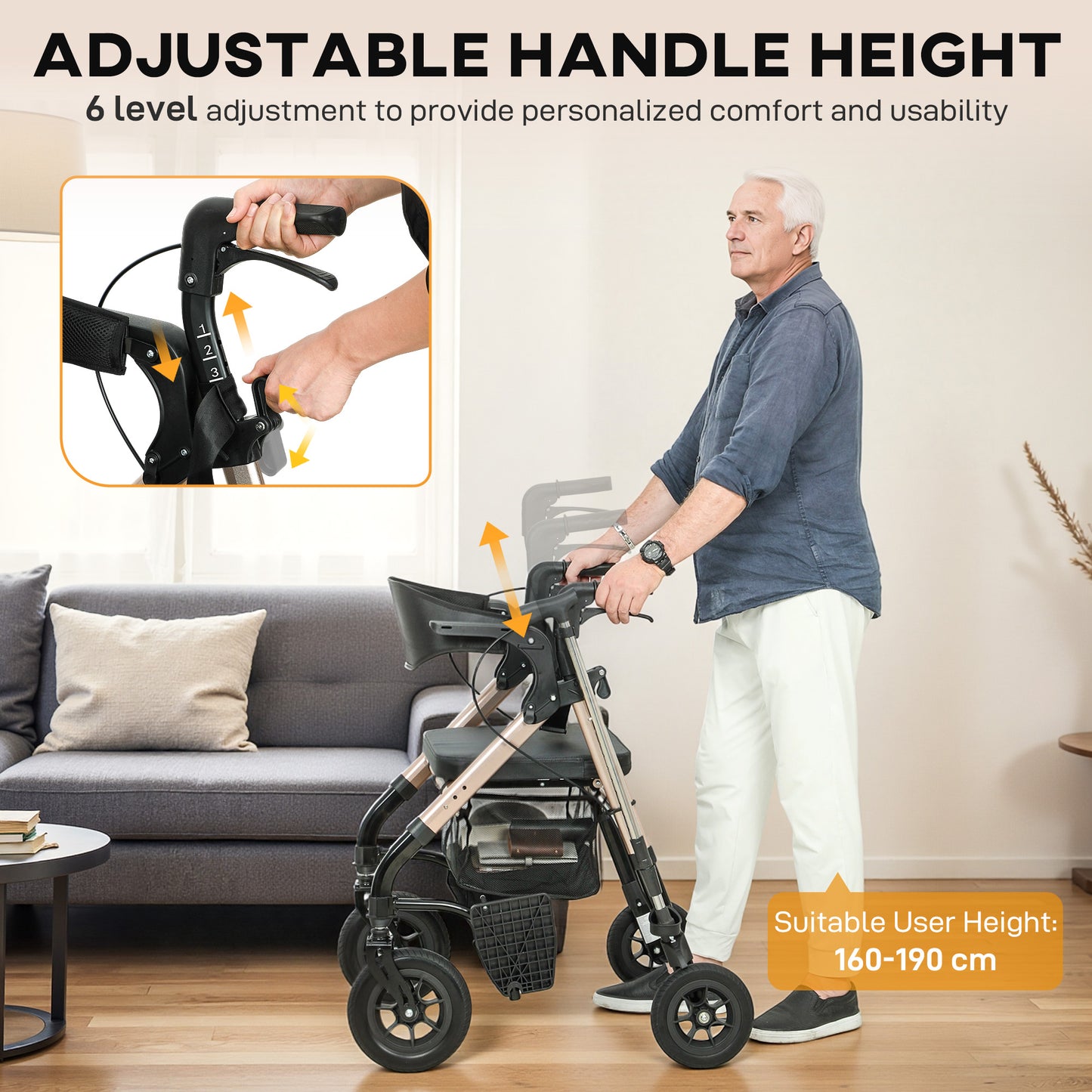 Rollator Walker Wheelchair, with Seat - Black