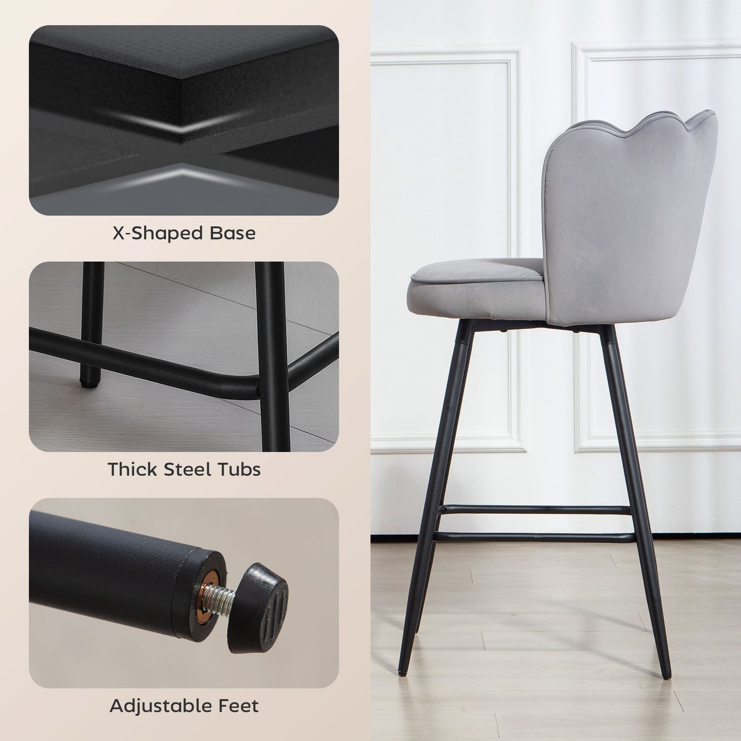 Set of Two Velvet-Feel Lotus Bar Stools - Grey