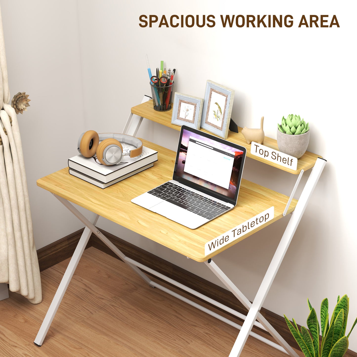 Compact Folding Desk for Small Spaces, Foldable Computer Desk with Storage Shelf for Home Office, 2-Tier Study Writing Table