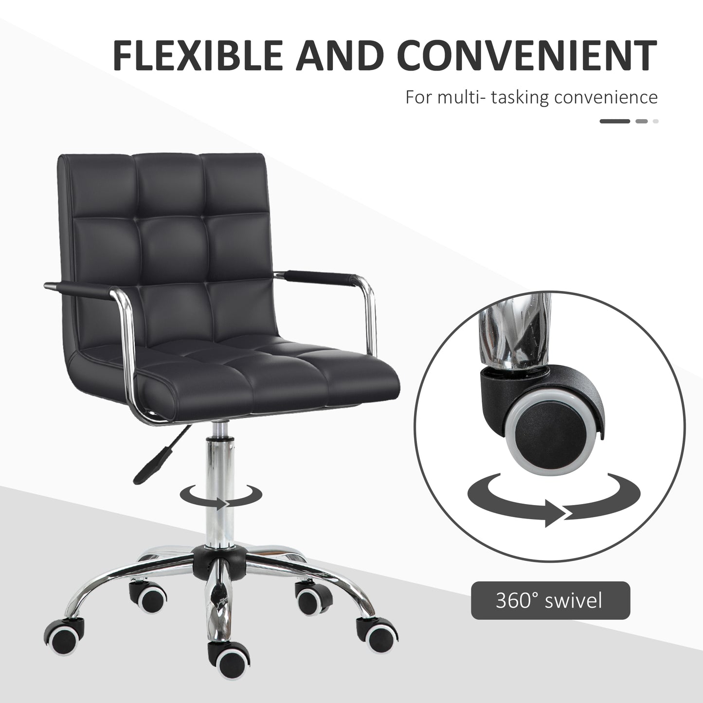 Makeup Vanity Chair, PU Leather Mid Back Office Chair with Adjustable Height, Armrest and Rolling Wheels, Black