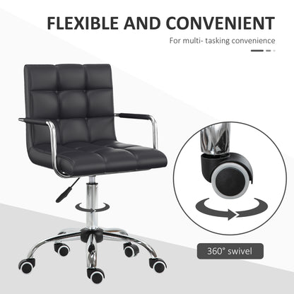 Makeup Vanity Chair, PU Leather Mid Back Office Chair with Adjustable Height, Armrest and Rolling Wheels, Black