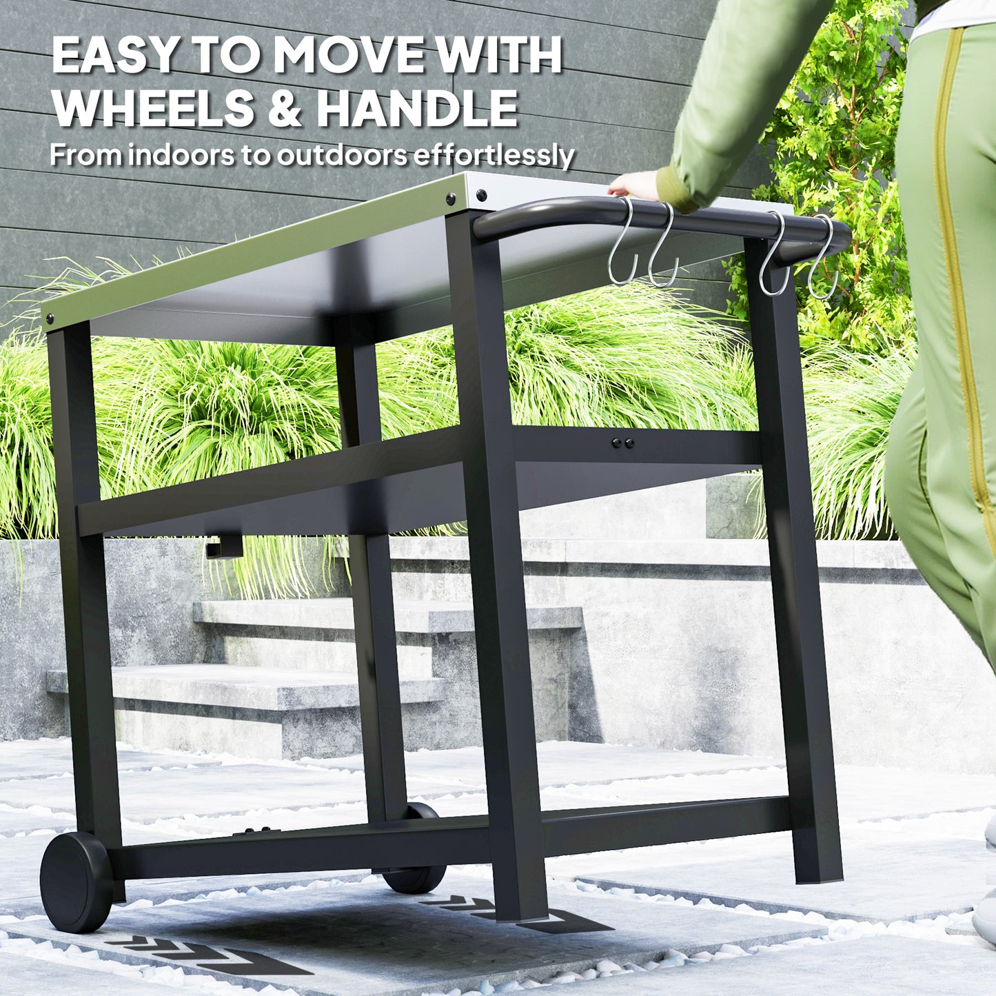 Outdoor Grill Dining Cart 3-Shelf Movable Pizza Oven Table Stand with Stainless Steel Top