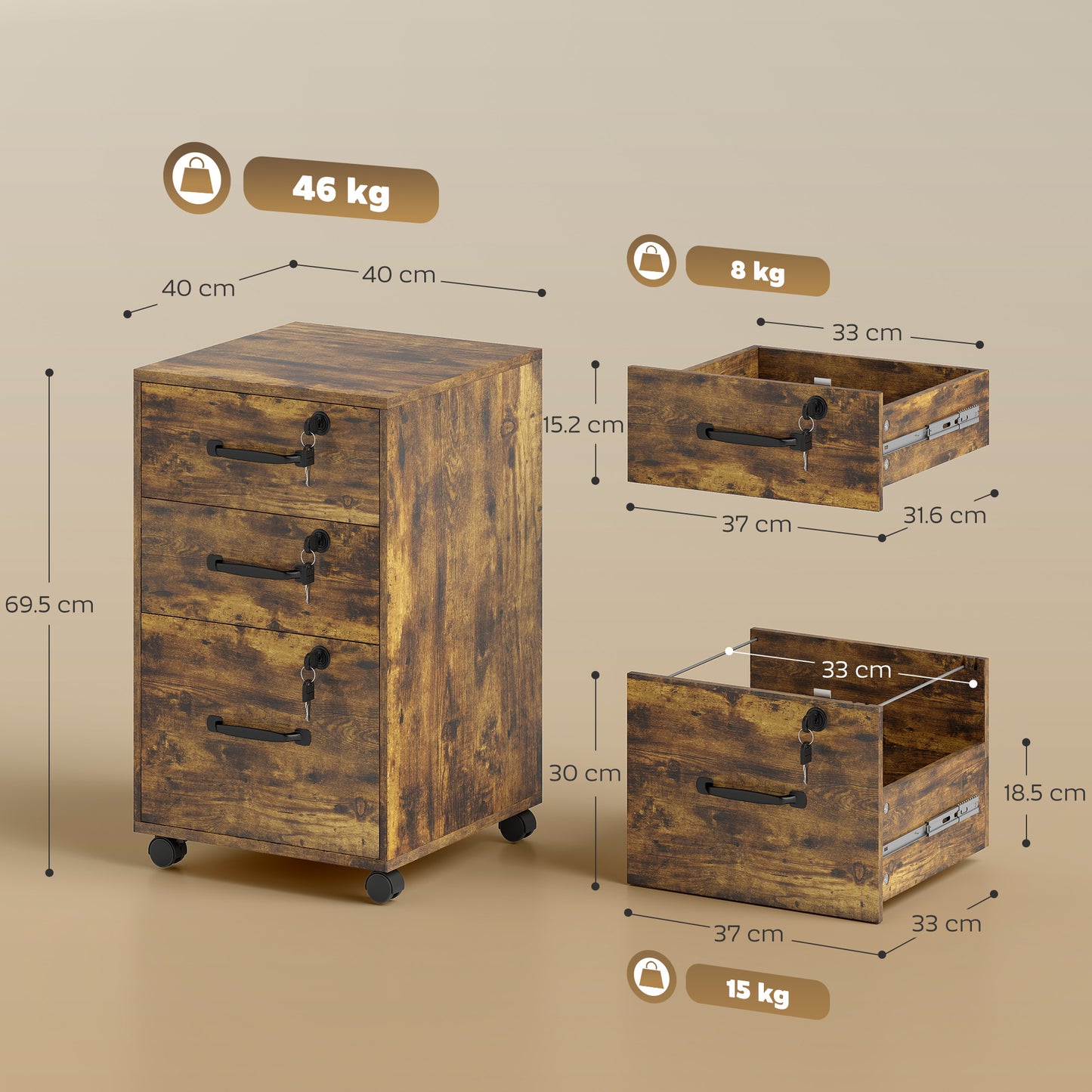 Three Drawer Wood-Effect Filing Cabinet - Rustic Brown