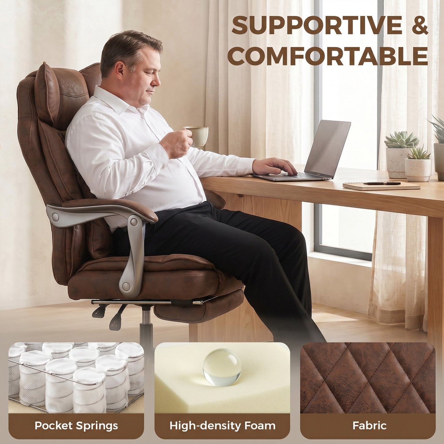 Executive Office Chair, Leathaire Big and Tall Office Chair 180 kg with Wide Seat, Reclining, Lumbar Support, Brown