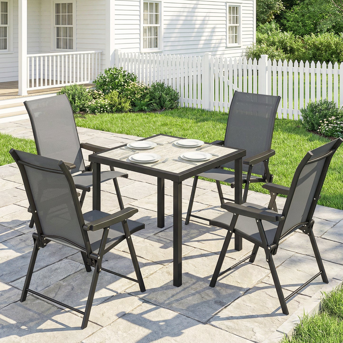 5 Pieces Outdoor Dining Set, Garden Dining Set for 4 with Square Table and Folding Chairs, Grey