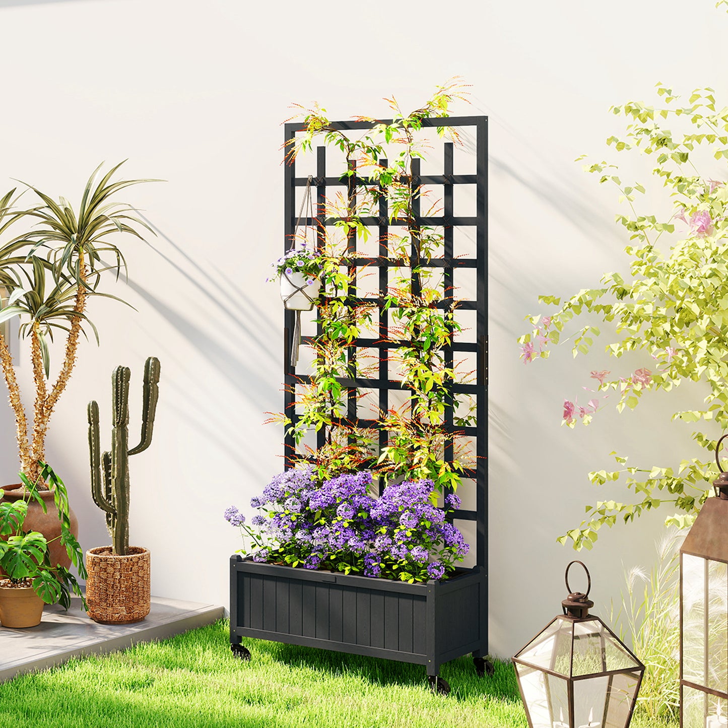 Wooden Trellis Planter, Raised Garden Bed with Wheels, to Climb and Grow Vegetables, Herbs and Flowers, Grey