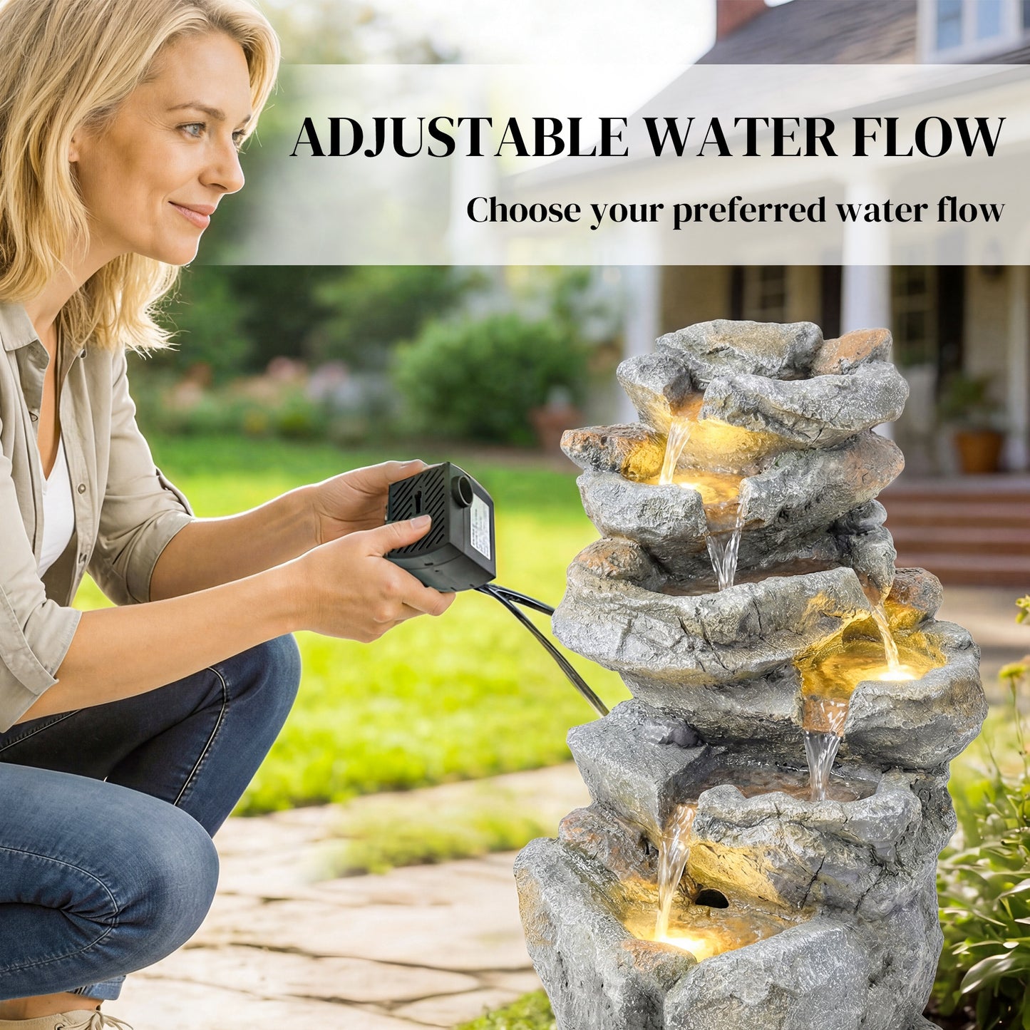 Outdoor Water Fountain with 6-Tier Rock Style, Cascading Waterfall Feature with LED Lights, Adjustable Flow, Grey
