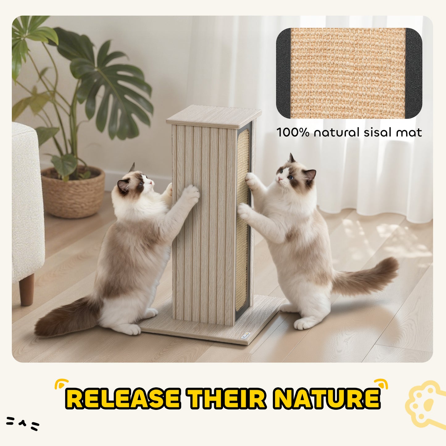 63cm Cat Scratching Post, Cat Scratcher with Replaceable Scratching Board, Top Perch, Sisal Scratch Mat, Oak