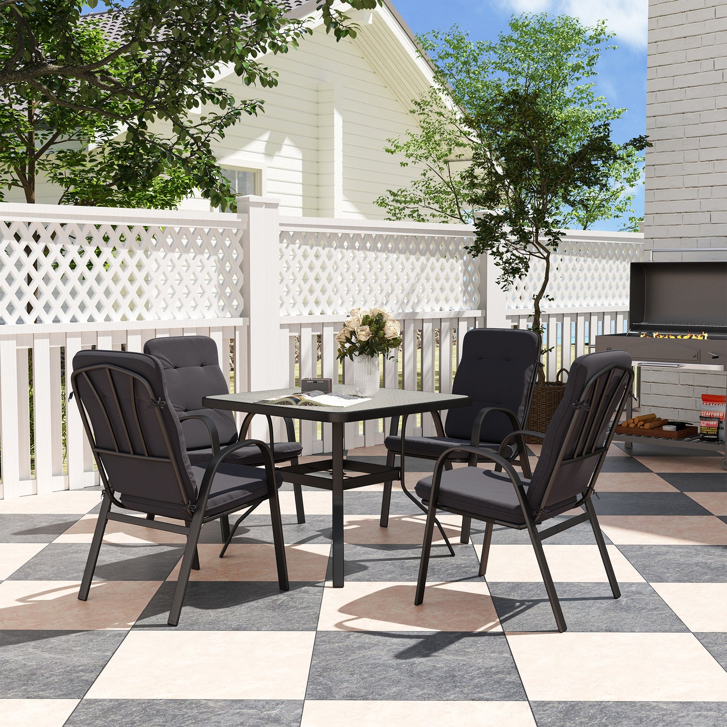 5 Pieces Outdoor Square Garden Dining Set w/ Tempered Glass Dining Table 4 Cushioned Armchairs, Umbrella Hole, Black