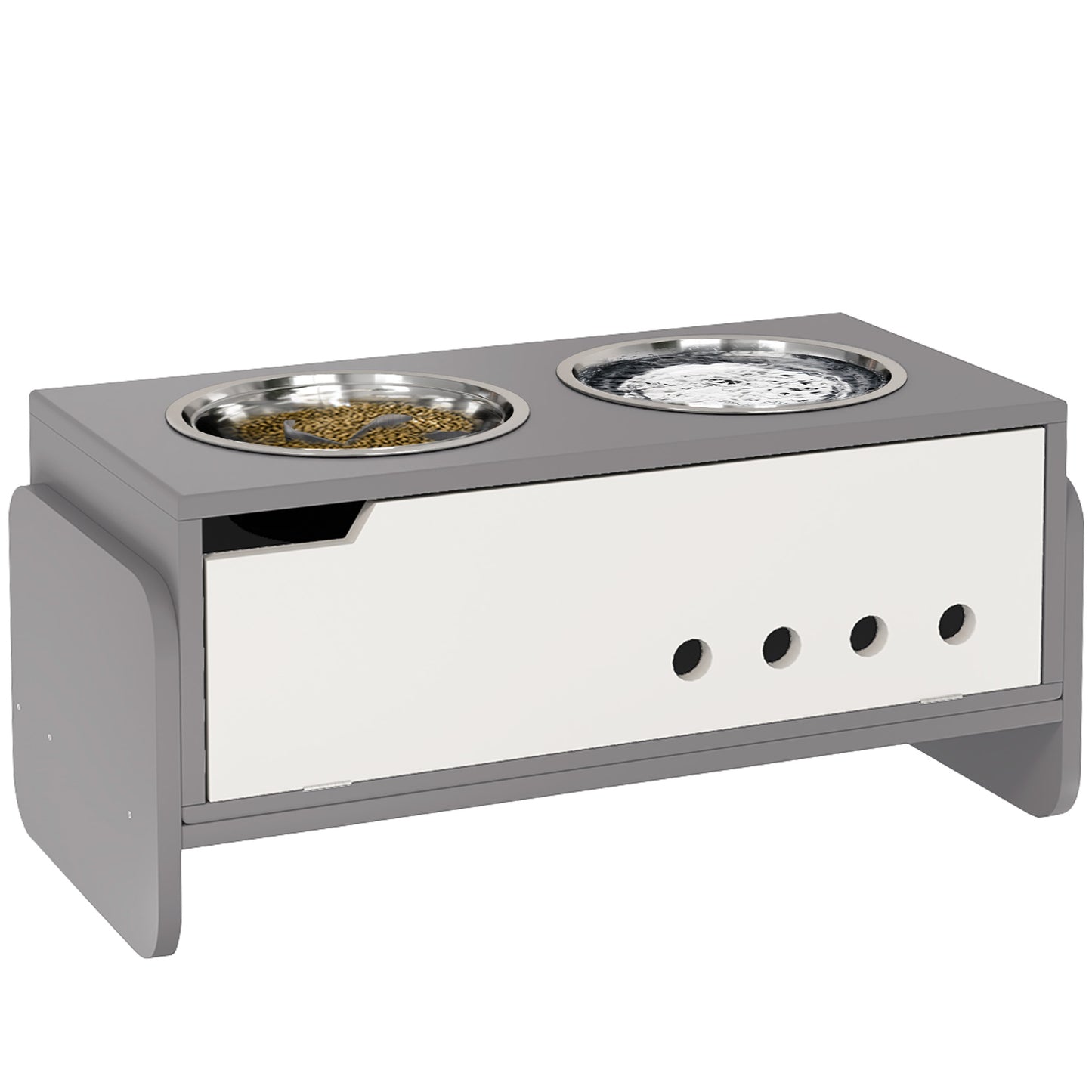 3 Height Adjustable Raised Dog Bowls, Dog Feeding Storage Station w/ Slow Feeder Mat, 2 Stainless Steel Bowls