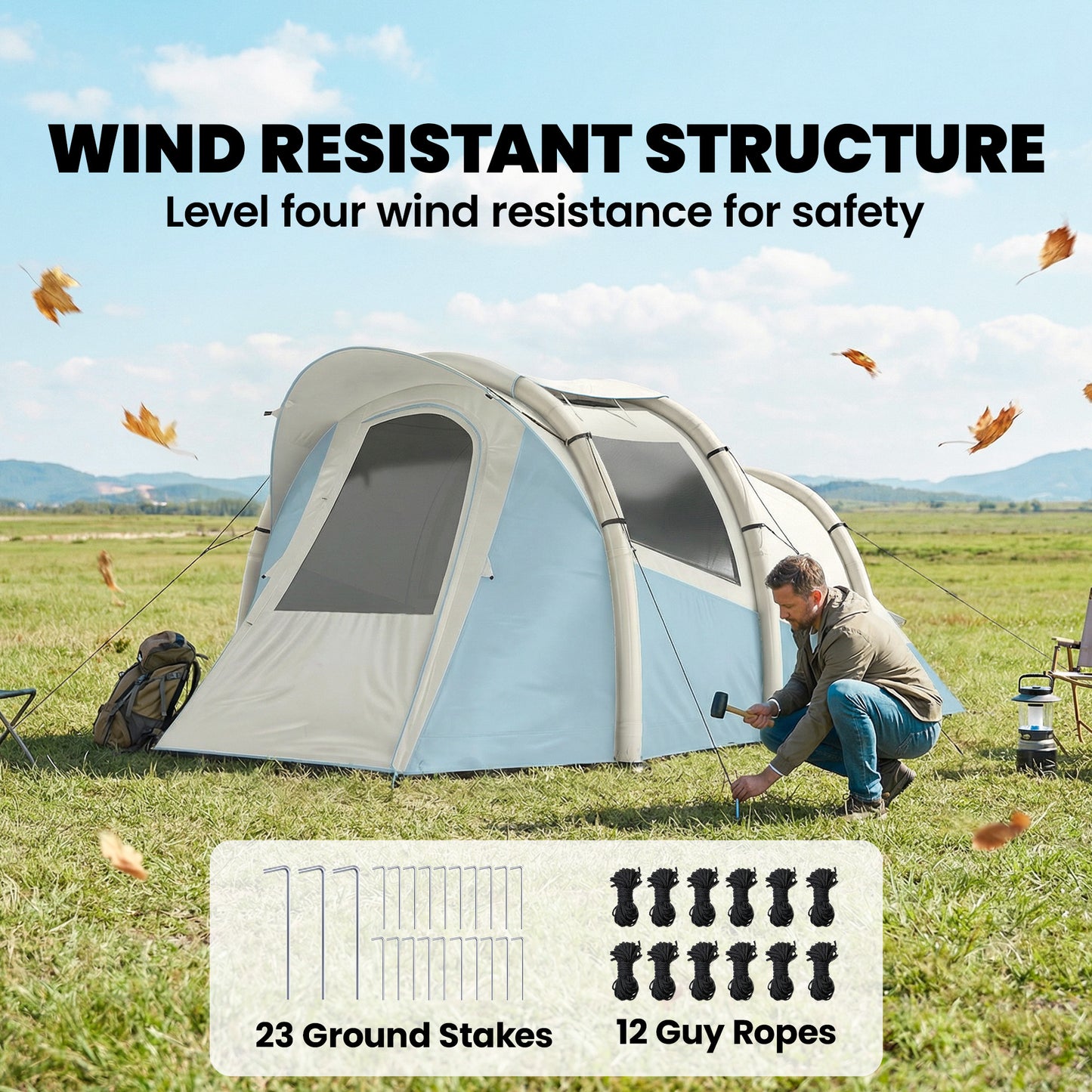 Inflatable Camping Tent w/ Air Pump, Easy Setup 2-3 Person Blow Up Tent, Light Blue