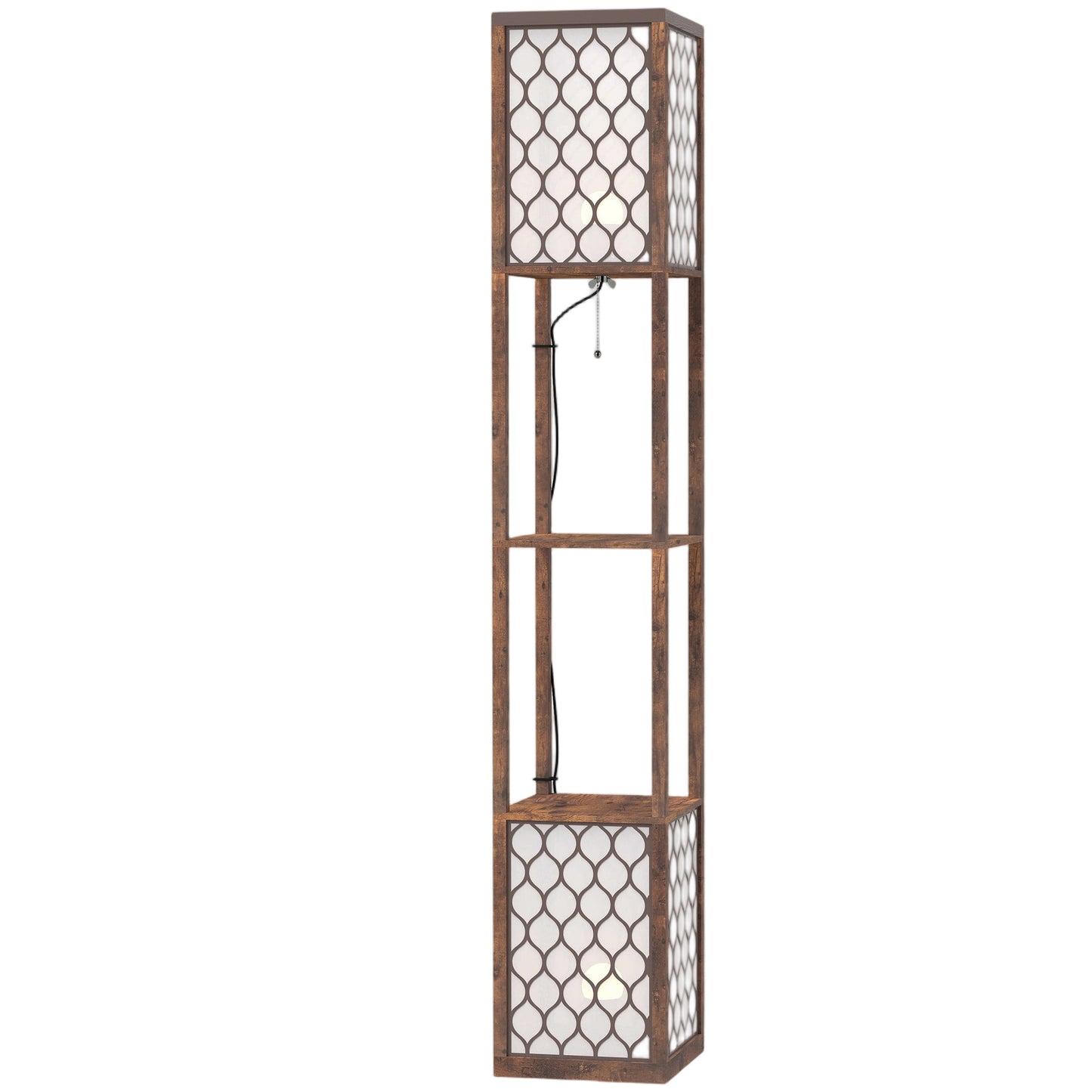Floor Lamp with Shelves, Modern Tall Standing Lamp with Fabric Lampshades, Zipper Switch and Dual Light, Rustic Brown