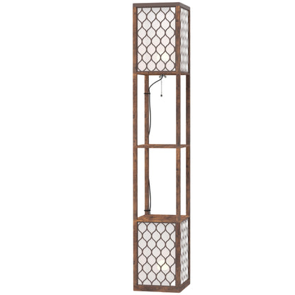 Floor Lamp with Shelves, Modern Tall Standing Lamp with Fabric Lampshades, Zipper Switch and Dual Light, Rustic Brown