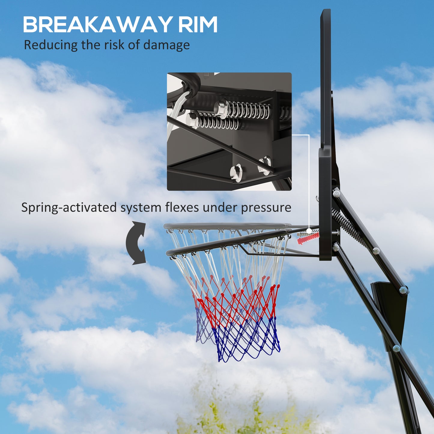 245-305cm Adjustable Basketball Hoop and Stand, with Wheels, Black