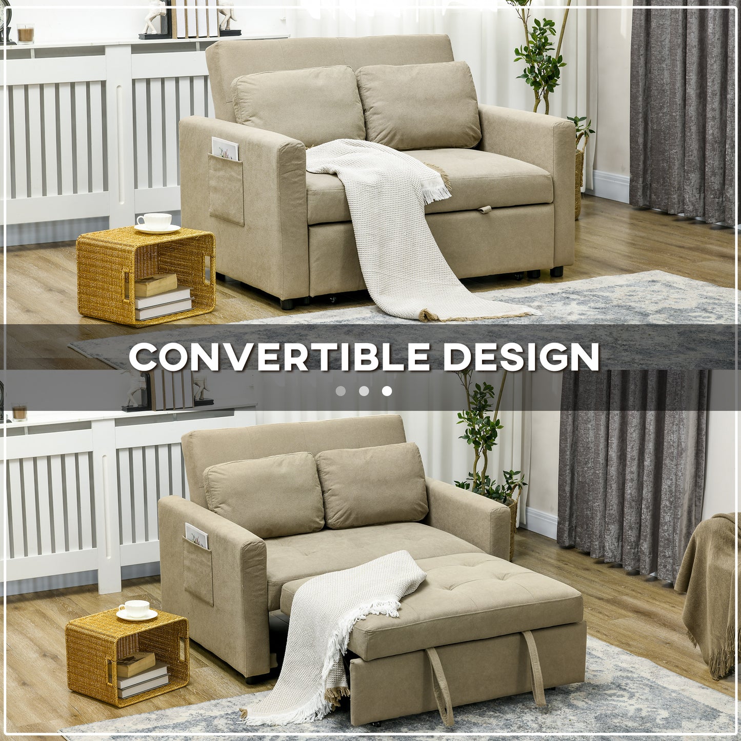 Loveseat Sofa Bed, Convertible Bed Settee with 2 Pillows, Side Pockets, Light Brown